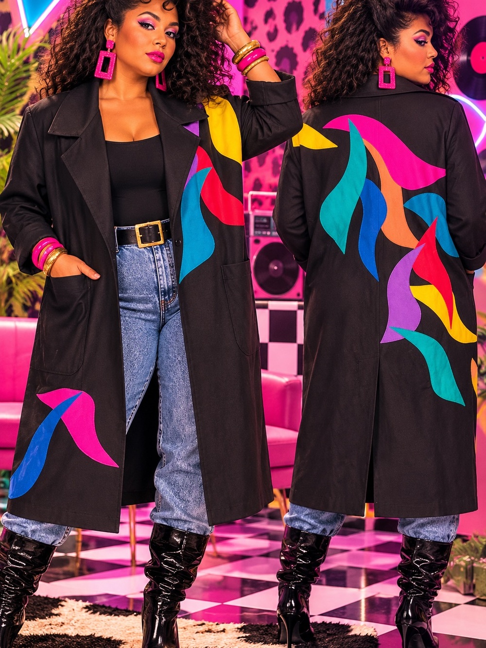 Vintage 80s Expressions Black Trench Coat with Bright Multicolor Wave Panels